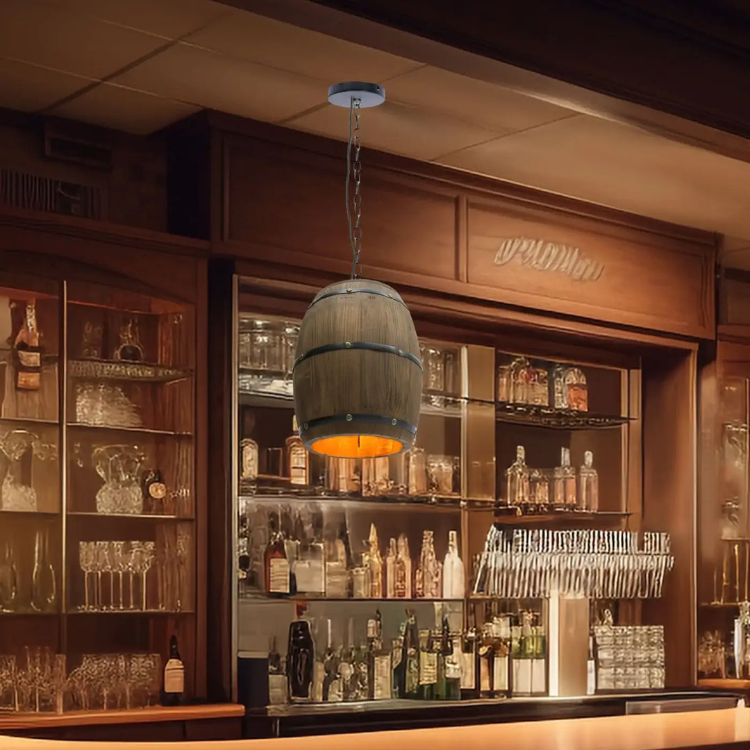 Suspension luminaire industrielle en bois style tonneau marron