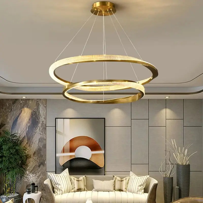 Suspension luminaire led dorée anneaux flottants élégants