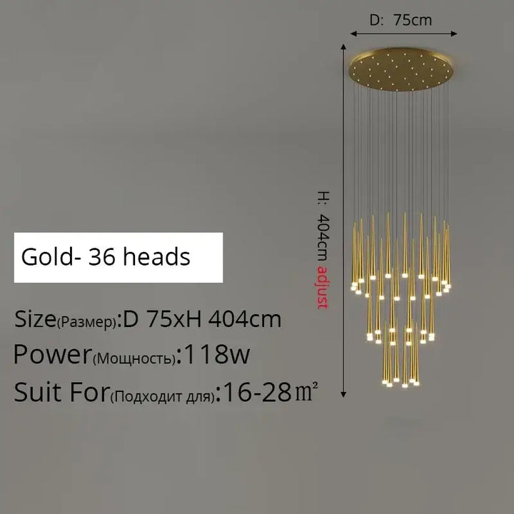 Suspension luminaire de luxe dorée pour escalier moderne