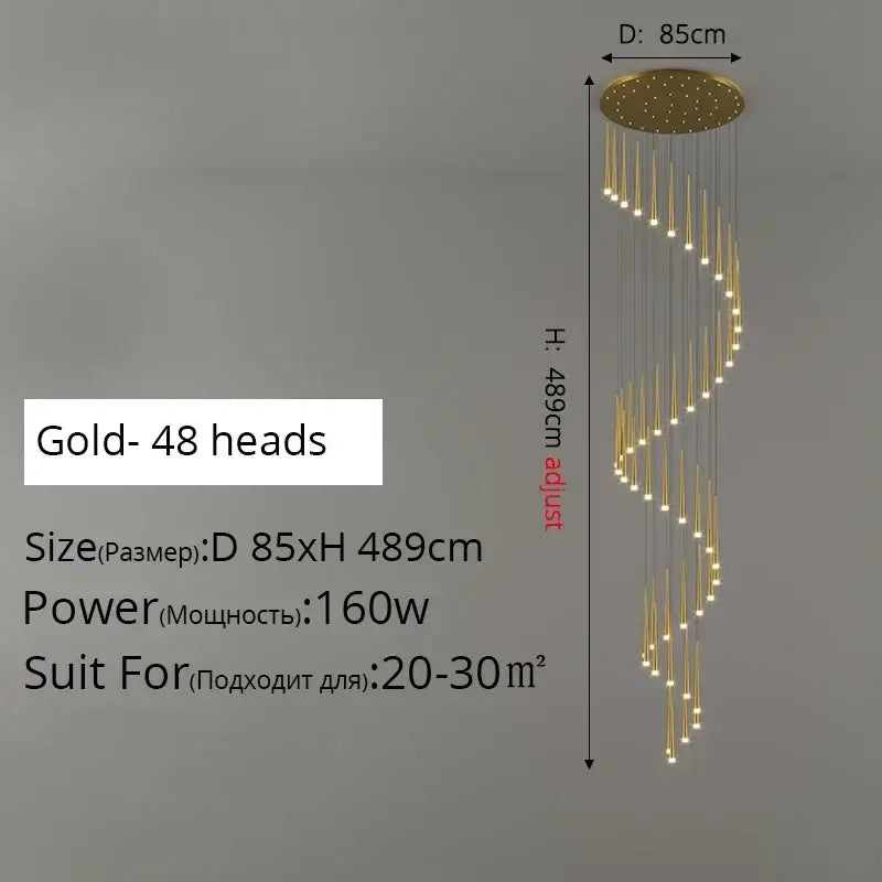 Suspension luminaire de luxe dorée pour escalier moderne