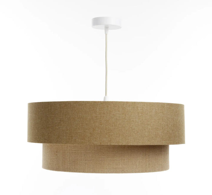 Suspension luminaire duo boho élégant beige avec double abat-jour en tissu et montage plafond blanc suspension luminaire marron