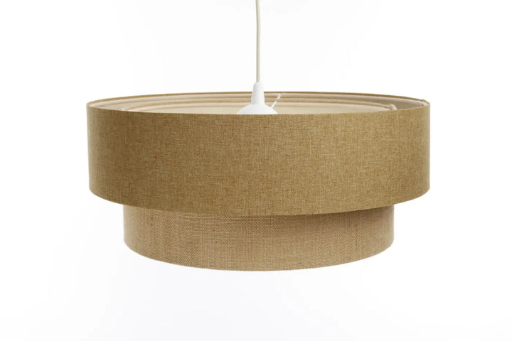 Suspension luminaire marron en tissu tissé avec design cylindrique à étages et fixation centrale blanche
