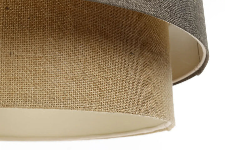 Suspension luminaire marron gris duo boho elegant avec abat-jour double en tissu gris texturé et burlap naturel