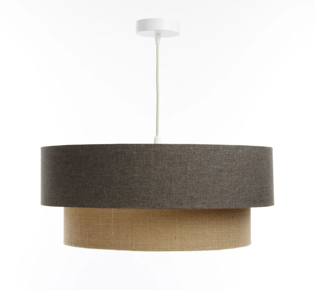 Suspension luminaire duo boho elegant marron gris avec abat-jour supérieur gris foncé et abat-jour inférieur en toile de jute beige