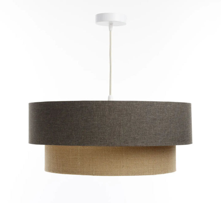 Suspension luminaire duo boho elegant marron gris avec abat-jour supérieur gris foncé et abat-jour inférieur en toile de jute beige