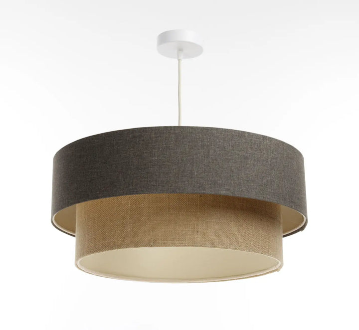 Suspension luminaire marron gris duo boho elegant avec double abat-jour en tissu texturé gris foncé et beige