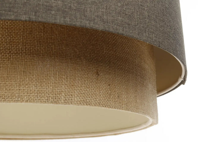 Suspension luminaire duo boho elegant marron gris beige ecru avec abat-jour texturé en tissu à deux niveaux