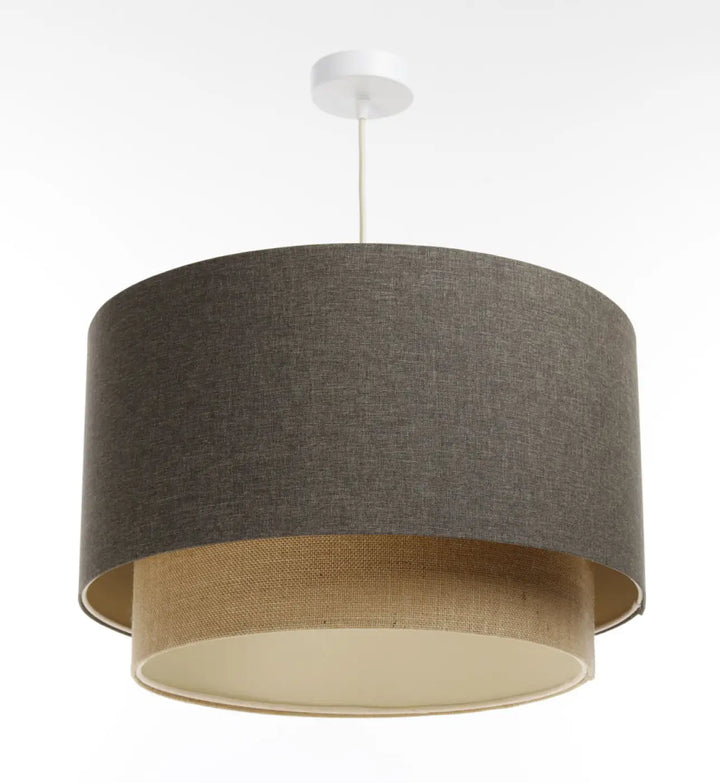 Suspension luminaire marron gris duo boho elegant avec abat-jour texturé charbon et doublure beige naturel en burlap