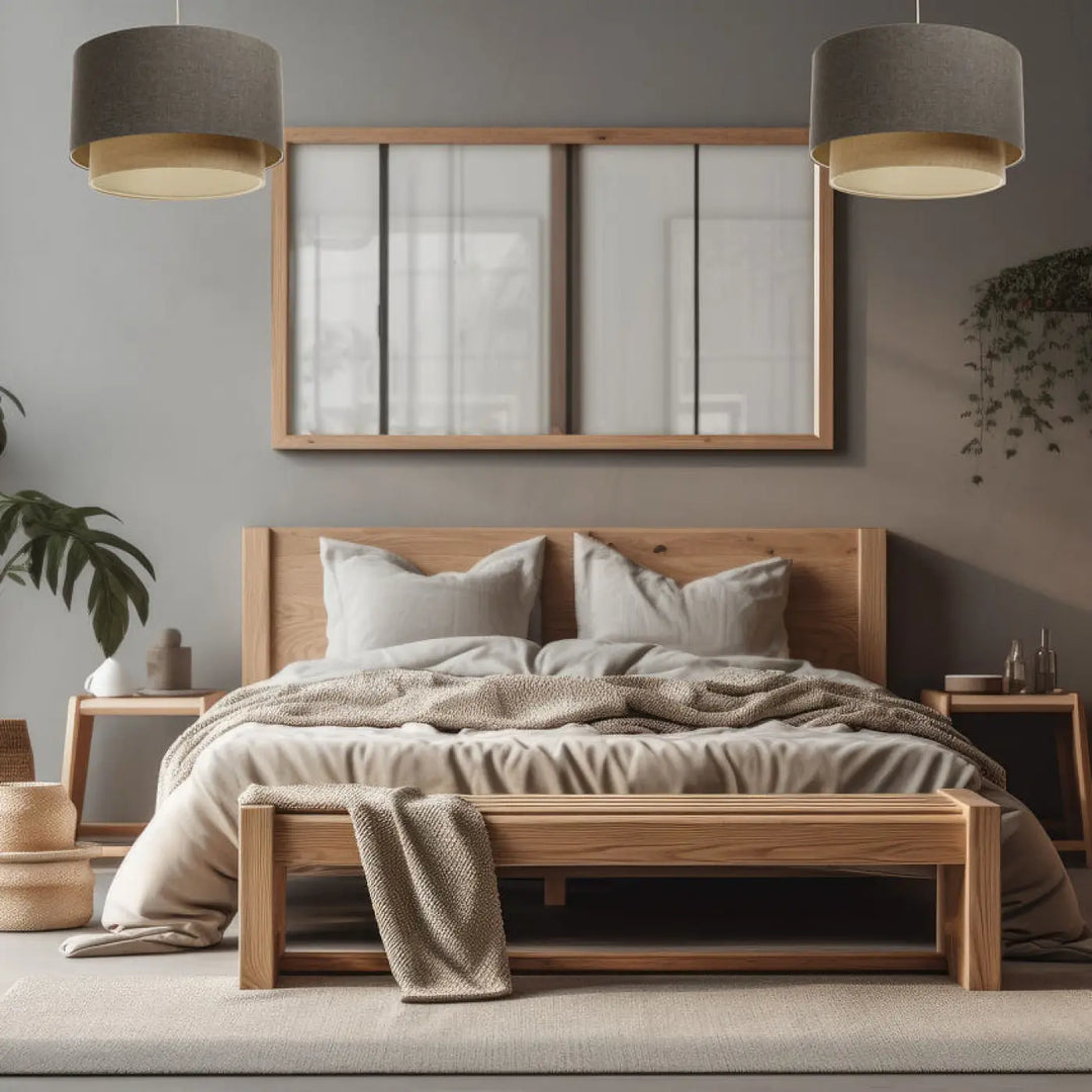 Lit en bois marron clair avec tête et pied de lit assortis habillé de literie neutre sous suspension luminaire marron gris