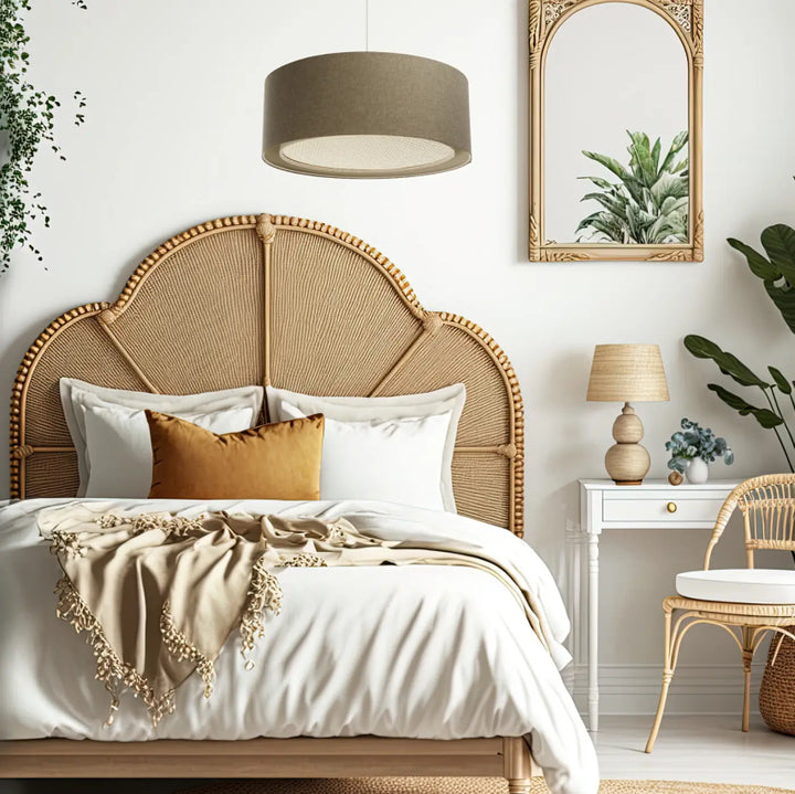 Suspension luminaire marron avec abat-jour textile cylindrique et design sable sur structure en rotin naturel beige