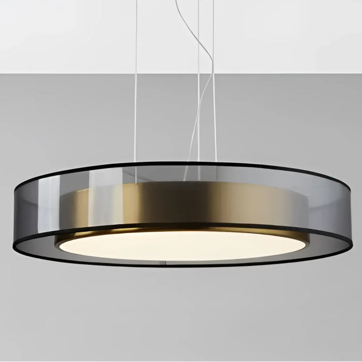 Suspension luminaire ky-los moderne avec anneau en verre fumé translucide et bande en laiton brossé diffusant une lumière blanche chaude
