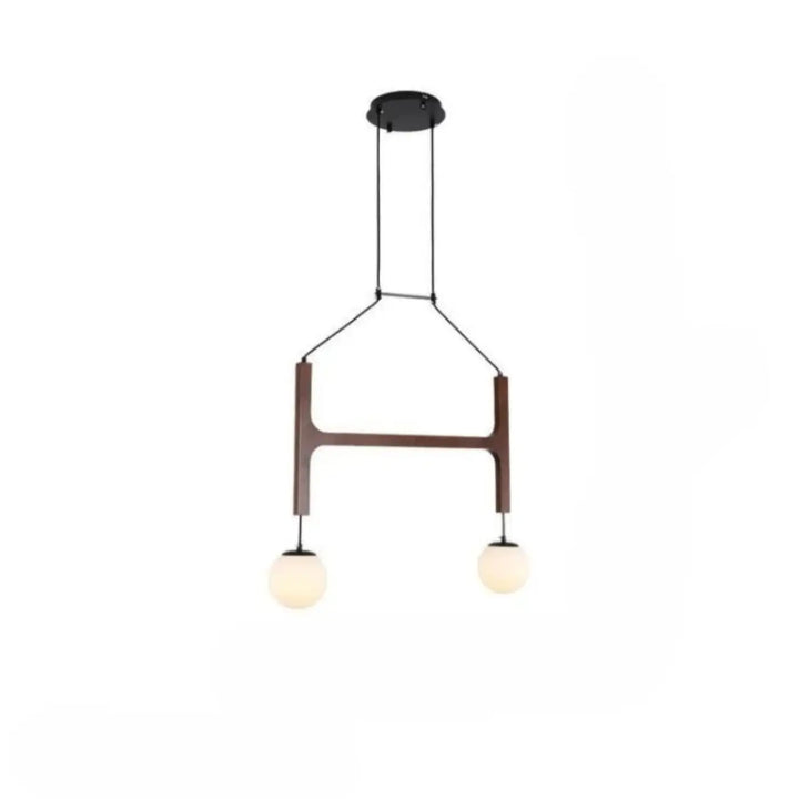Suspension luminaire moderne orbia avec cadre en bois foncé, métal noir et deux globes en verre dépoli