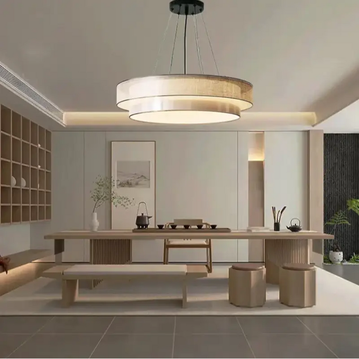 Suspension Luminaire Moderne Design Rond En Tissu Beige

