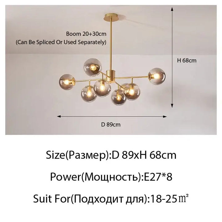 Suspension moderne dorée à globes en verre décoratif