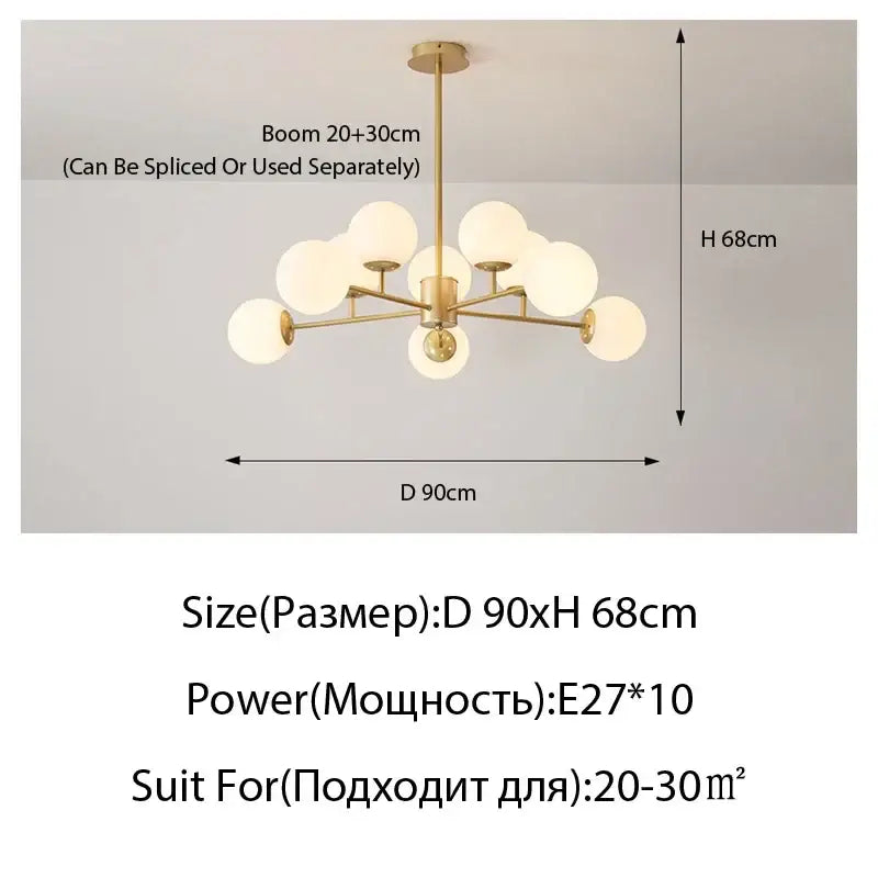 Suspension moderne dorée à globes en verre décoratif