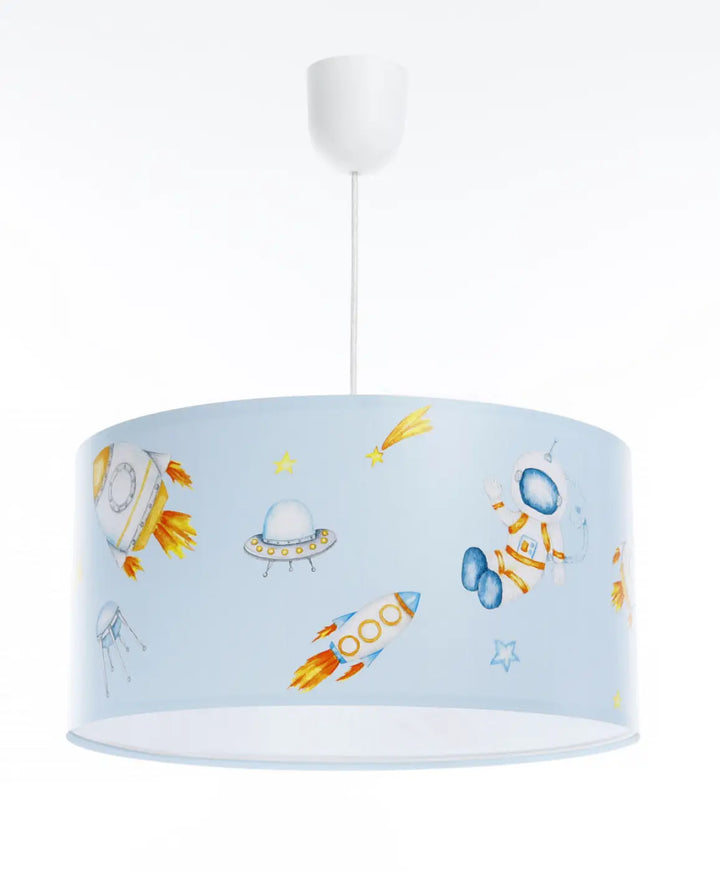 Suspension luminaire moderne bleu clair avec abat-jour en tissu motifs fusées astronautes et ufos pour chambre enfant