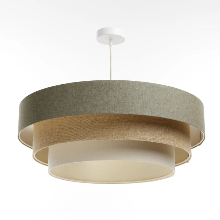 Suspension luminaire moderne triniti boho elegant avec trois abat-jours concentriques en tissu vert gris, crème et beige