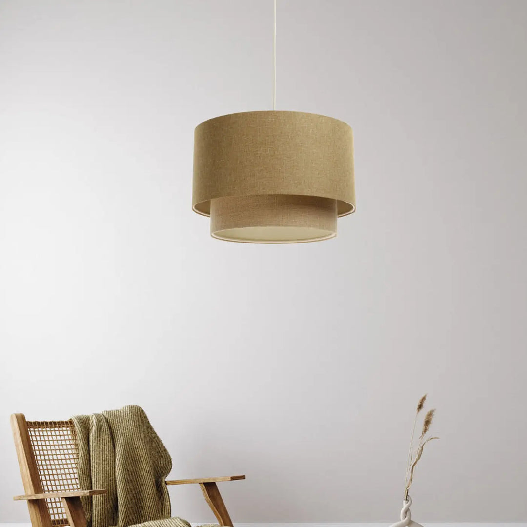 Suspension luminaire duo boho elegant beige en lin avec design cylindrique double niveau pour décoration intérieure