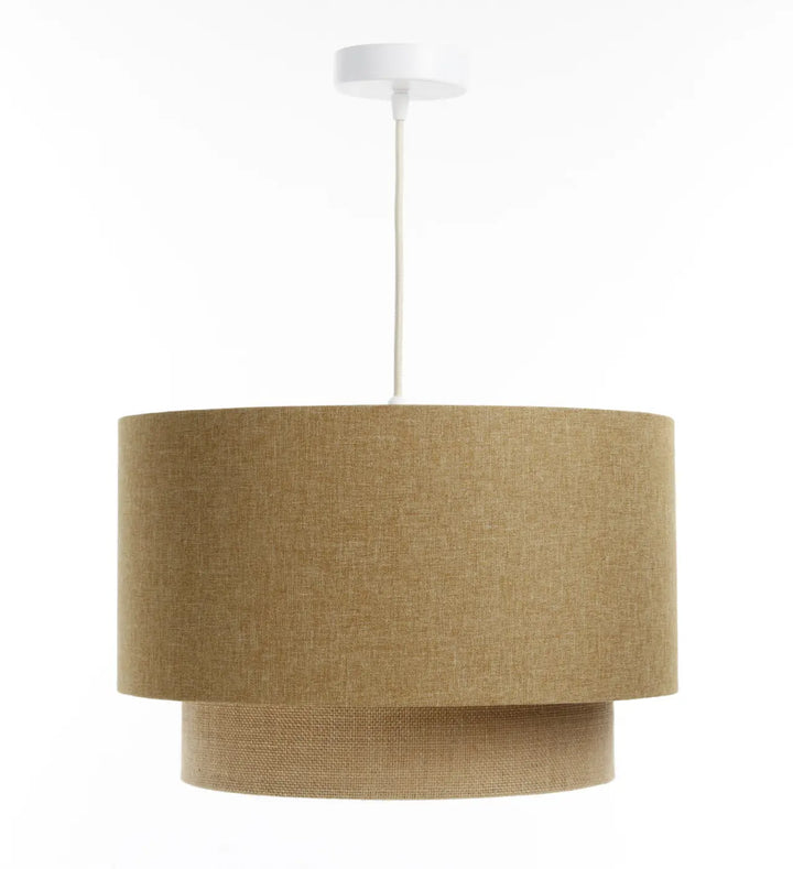 Suspension luminaire duo boho elegant en lin moutarde à deux niveaux avec fixation plafond blanche