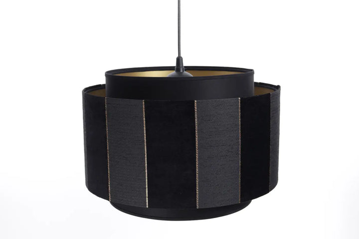 Suspension luminaire noir doblo avec panneau cylindrique en tissu texturé et détails de couture métallique subtile