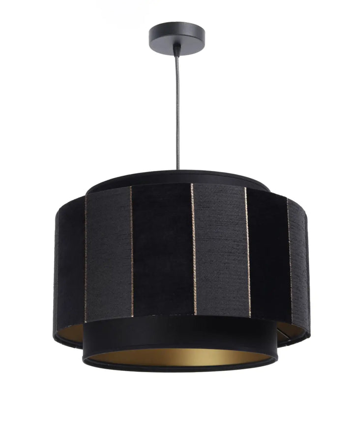 Suspension luminaire noir doblo en velours noir avec doublure intérieure dorée et accents métalliques verticaux