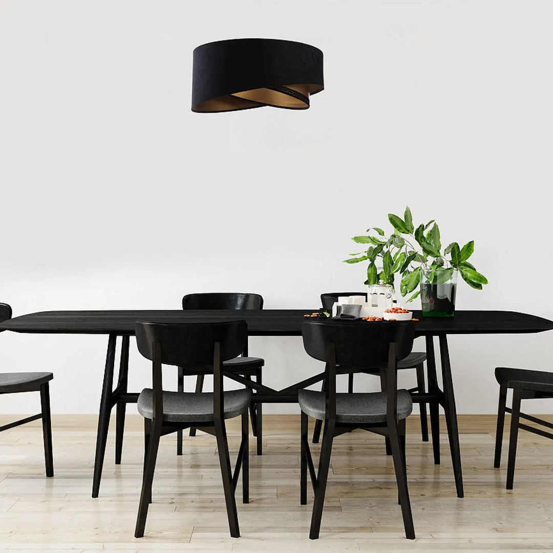 Suspension luminaire noire GALAXY cylindrique noire avec intérieur doré et design en tissu torsadé