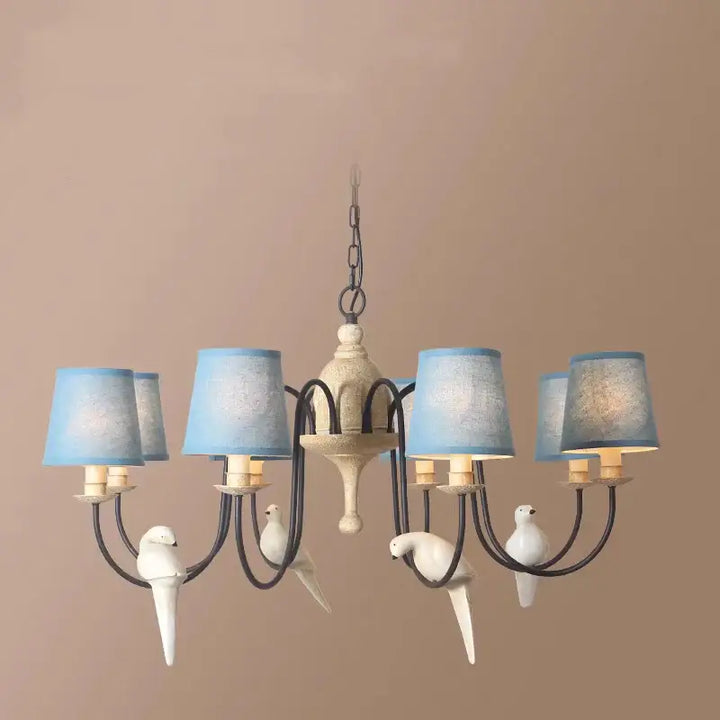 Suspension luminaire originale avec oiseaux et abat-jours bleus