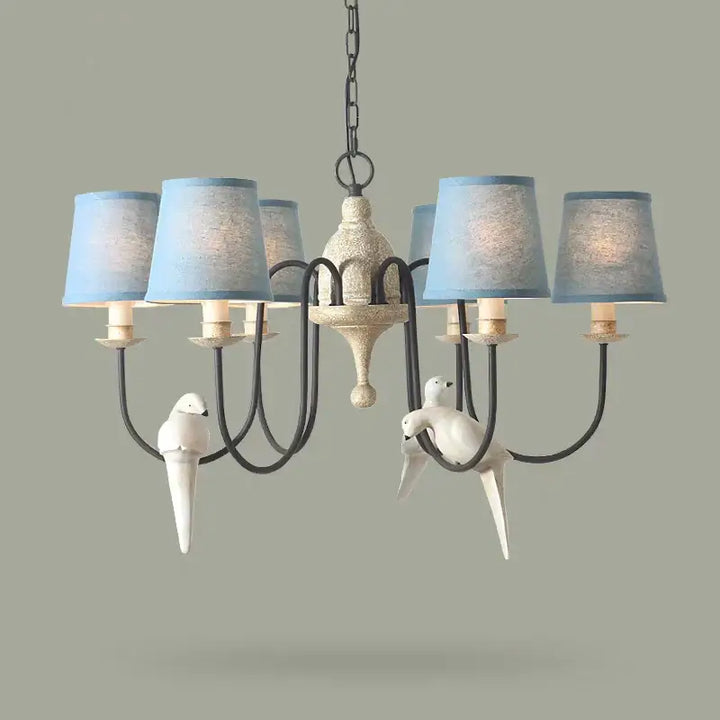 Suspension luminaire originale avec oiseaux et abat-jours bleus