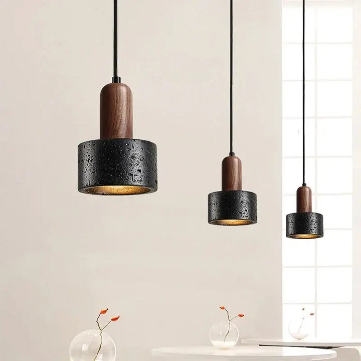 Suspension luminaire en pierre noire et bois naturel design