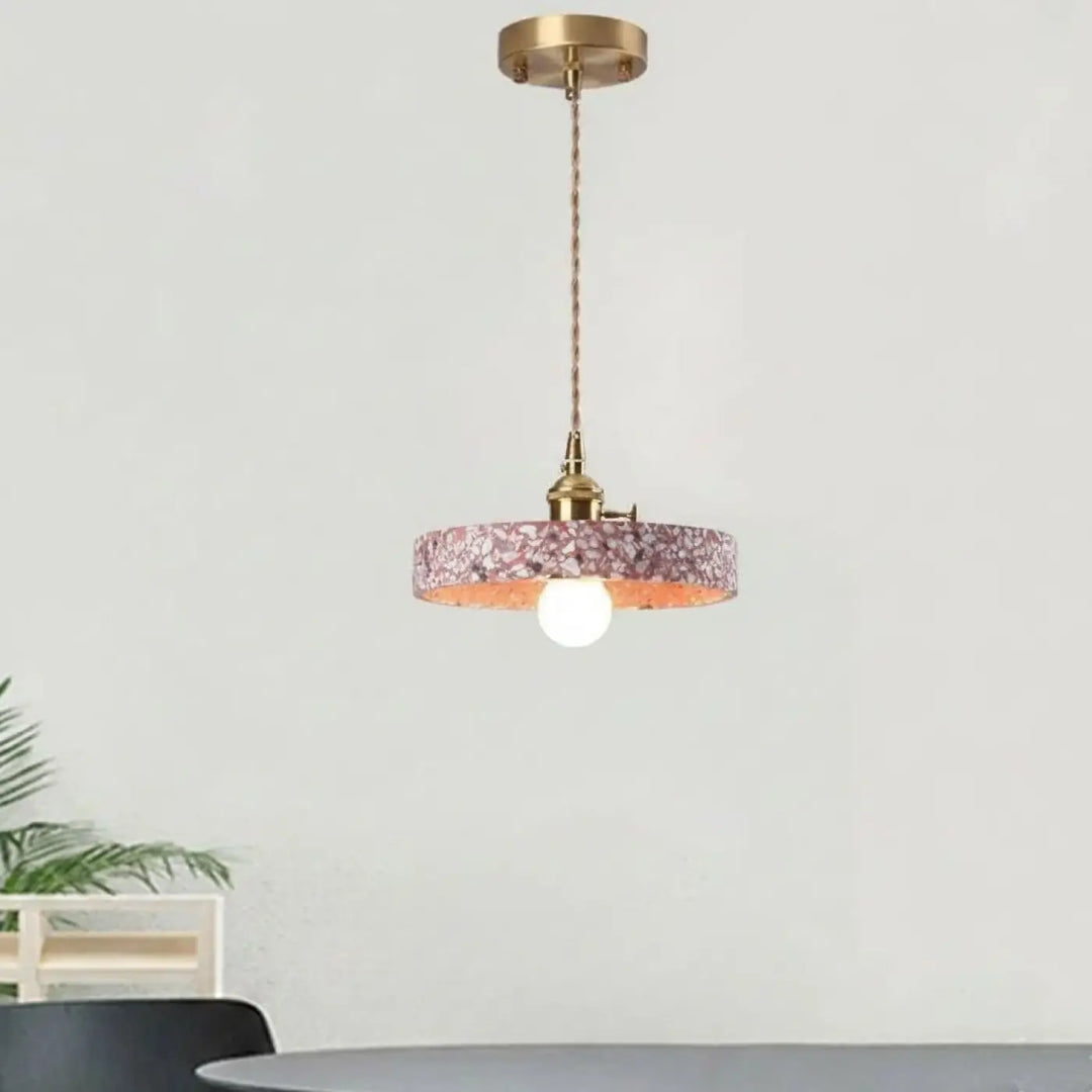 Suspension luminaire tosca avec abat-jour en tissu circulaire rose et blanc, chaîne cordon réglable en laiton suspendue