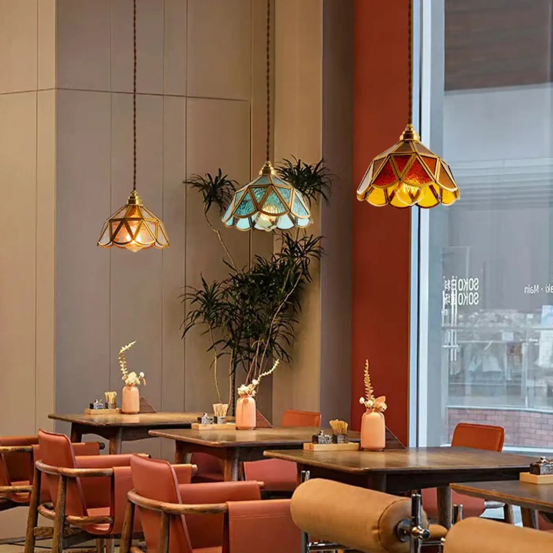Suspension luminaire rétro en verre multicolore vitrail design