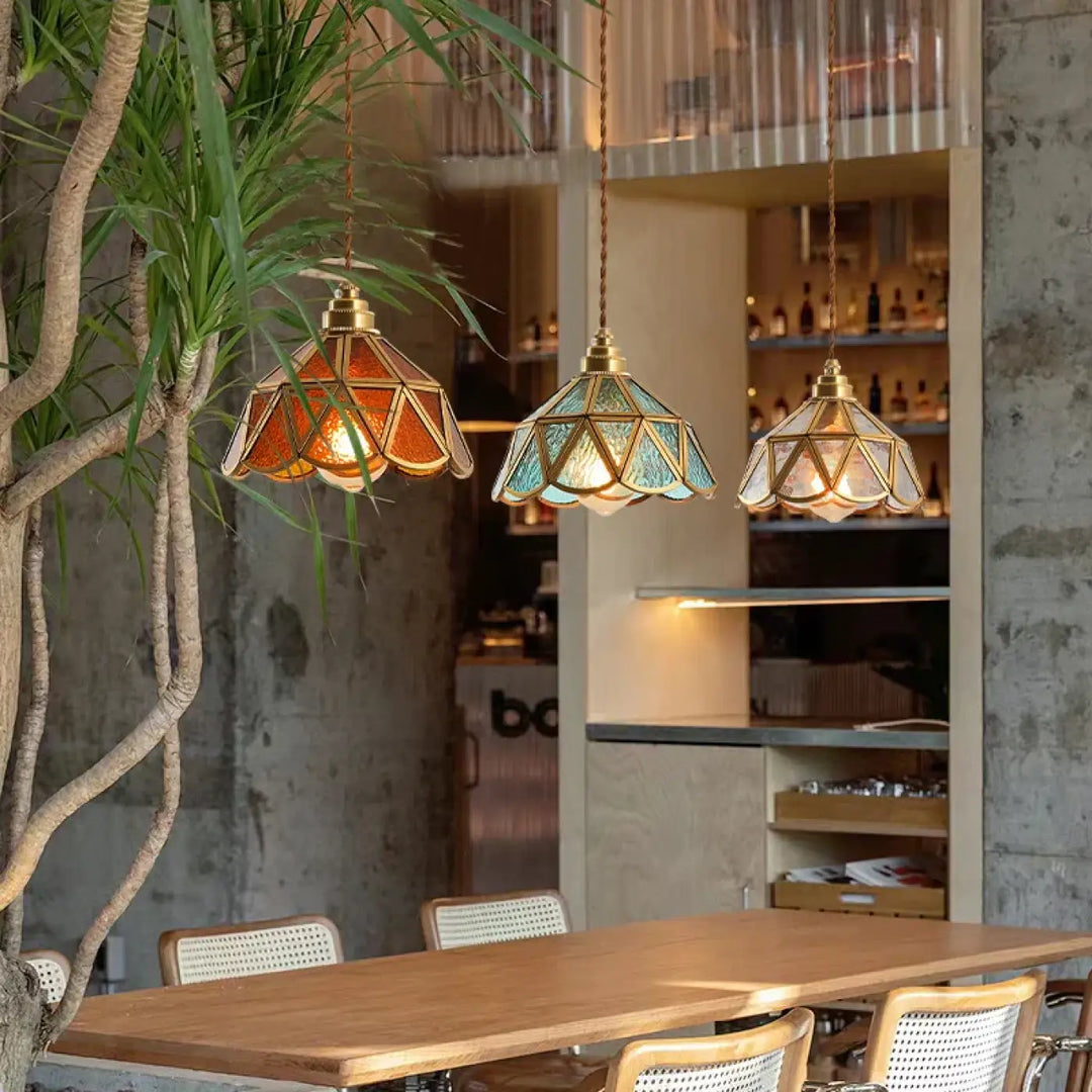 Suspension luminaire rétro en verre multicolore vitrail design