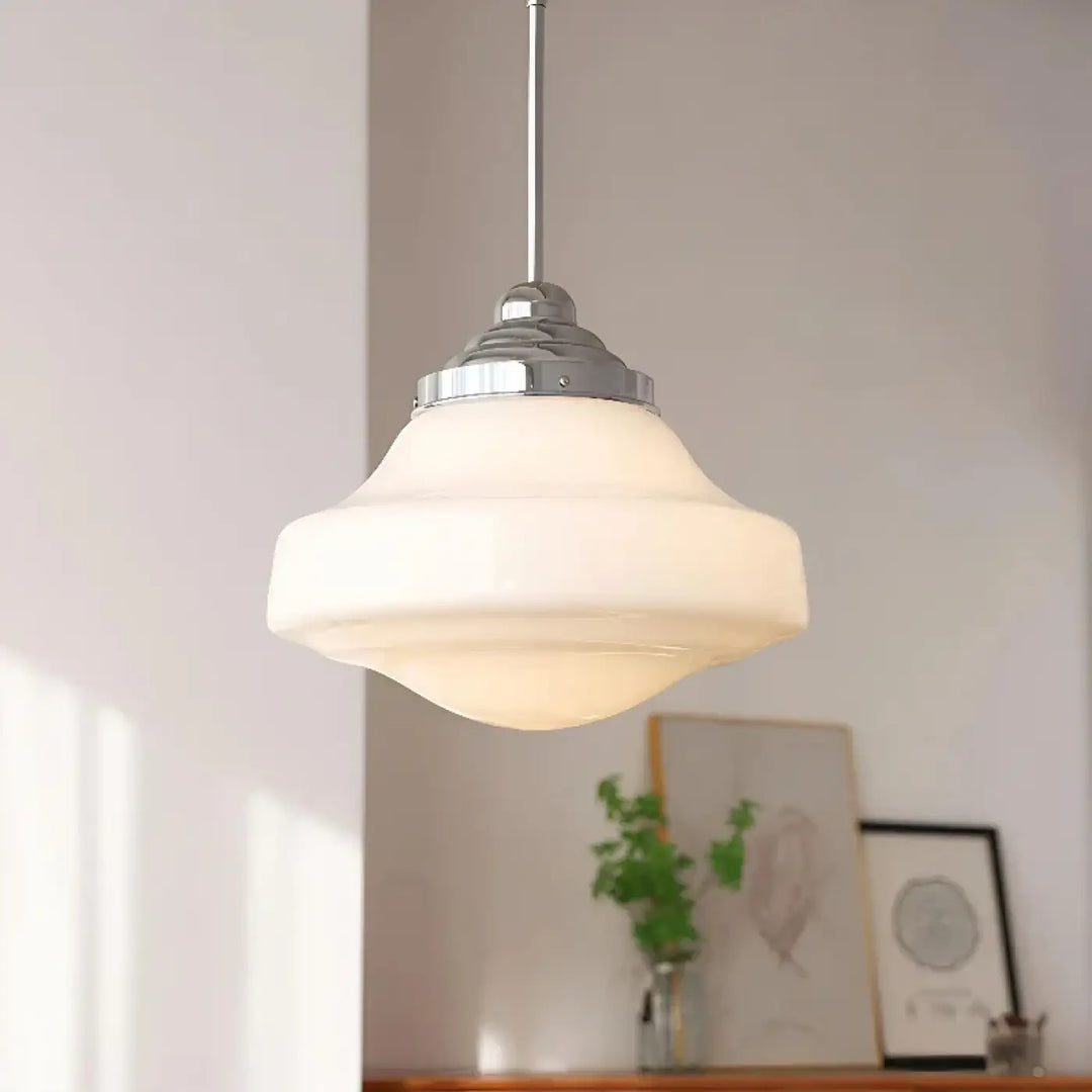 Suspension luminaire rétro en verre opalin et en métal chromé