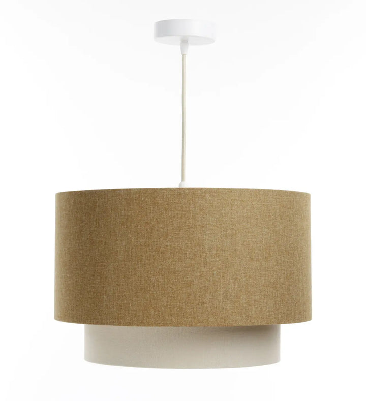 Suspension luminaire cylindrique en lin tan avec base blanche et diffuseur rotin ecru pour éclairage intérieur