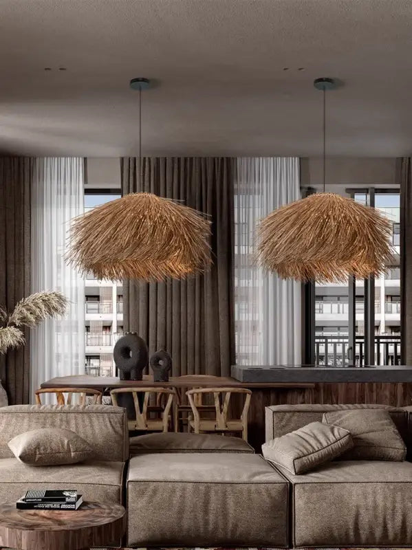 Suspension luminaire rotin naturel design moderne

