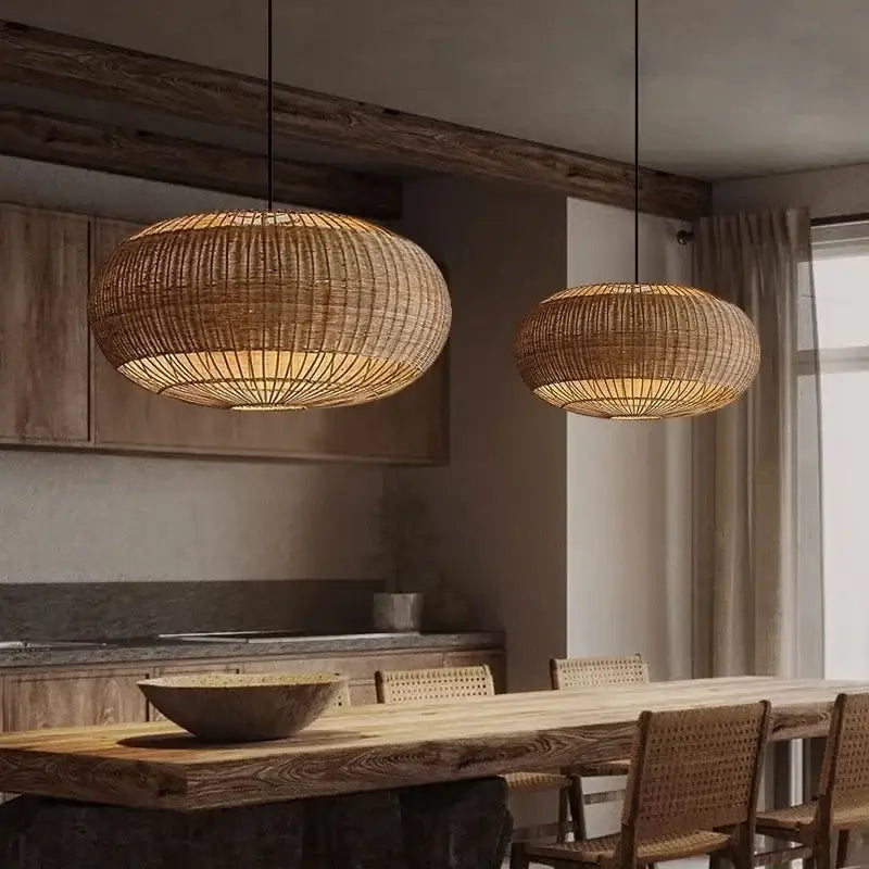 Suspension luminaire en rotin tressé design vintage en style naturel