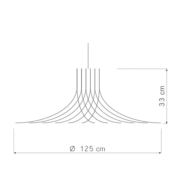 Dessin minimaliste en ligne noire d’un suspension luminaire rotond avec bras courbés modernes en bouleau fsc