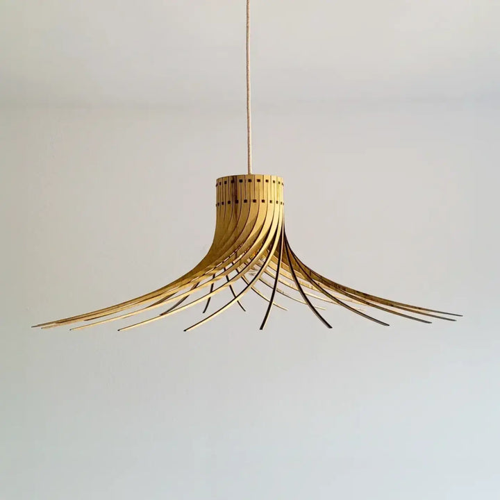 Suspension rotond ø75cm en bois naturel bouleau fsc avec design radial doré-brun moderne en lames courbées