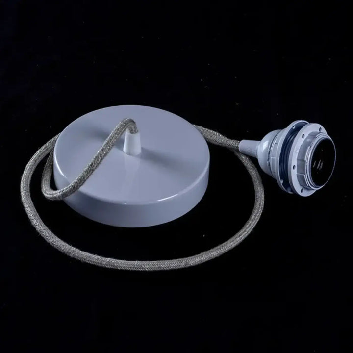 Suspension rotond avec câble gris clair tissu, fixation plafond circulaire assortie et douille e27 métallique bois naturel bouleau fsc