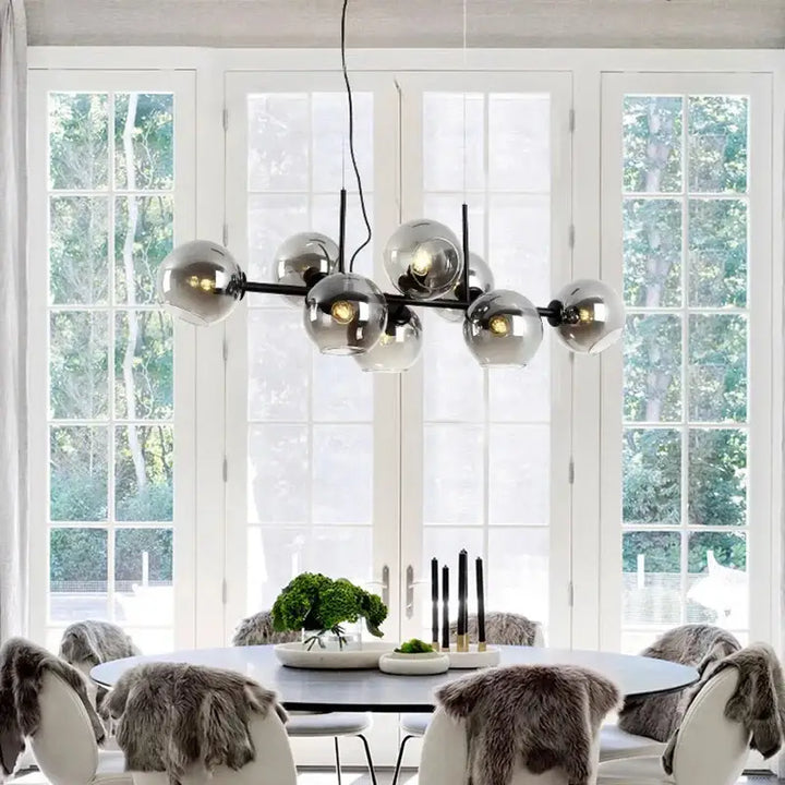 Suspension luminaire scandinave avec 8 boules en verre teinté noir

