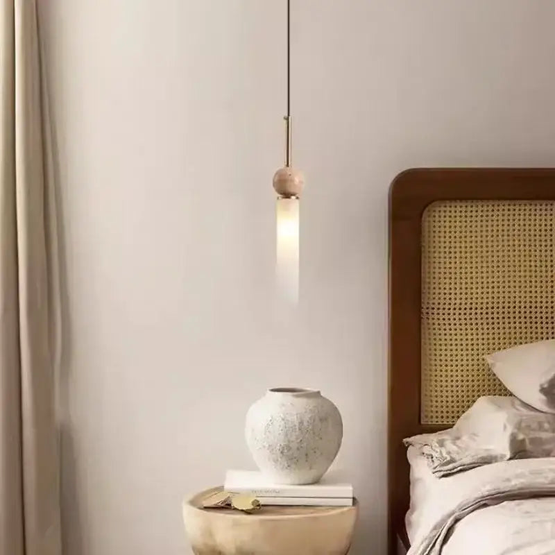 Suspension luminaire scandinave en pierre bois et en verre opale