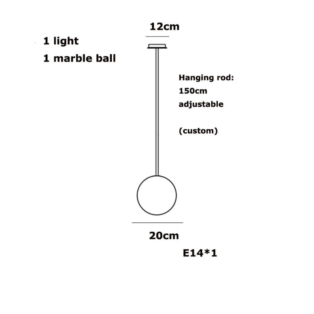 Suspension luminaire sculpturale sitoko avec une sphère en marbre albâtre flottant de 20cm suspendue à une tige réglable de 150cm