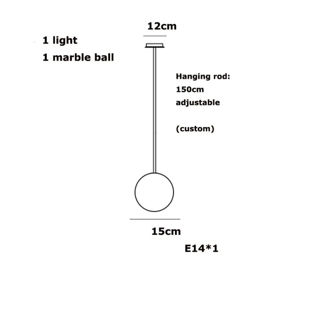 Suspension luminaire sculpturale sitoko avec boule en marbre blanc de 15 cm et tige réglable de 150 cm pour un espace d’exception