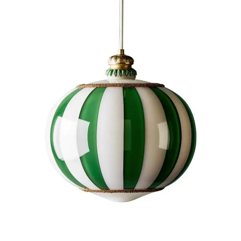 Suspension luminaire sphère en verre rayé vert et blanc élégante