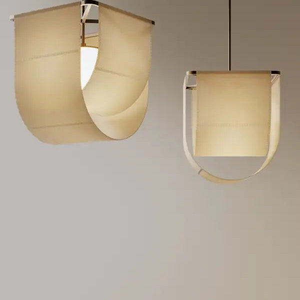 Suspension luminaire style asiatique en tissu beige et métal