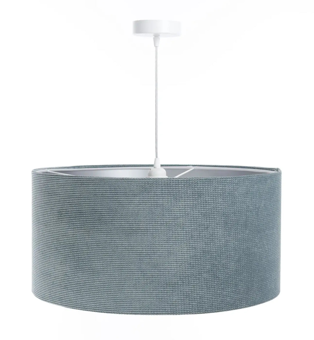 Suspension luminaire tissu bleu gris avec abat-jour tissé gris texturé à motifs côtelés et tige centrale blanche