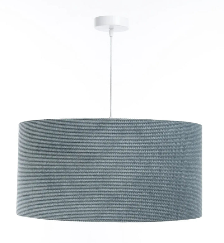 Suspension luminaire glamour structural velour bleu gris avec abat-jour texturé en tissu bleu gris à motif tissé subtil