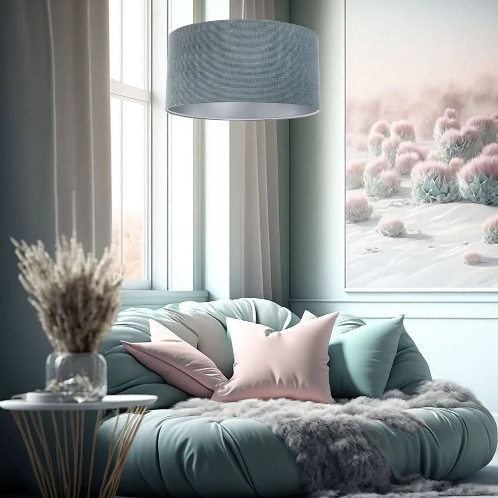 Suspension luminaire gris avec abat-jour cylindrique en tissu bleu gris glamour structural velour