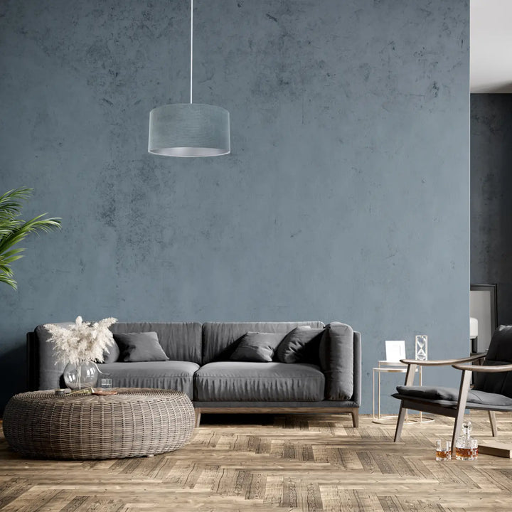 Suspension luminaire glamour structural velour en tissu bleu gris avec abat-jour cylindrique et cordon fin argent