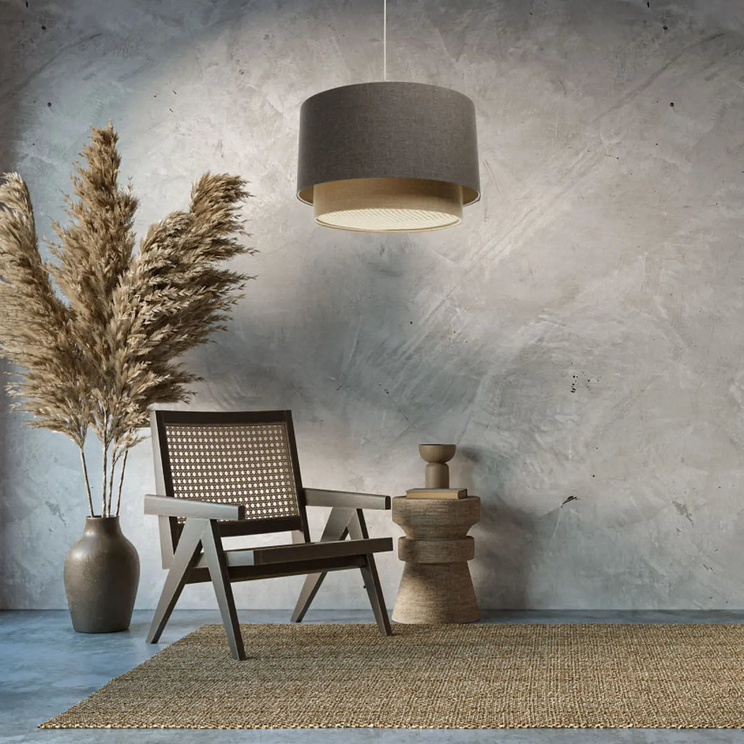 Suspension luminaire duo rattan en tissu graphite beige apporte une lumière chaude avec abat-jour texturé cylindrique gris